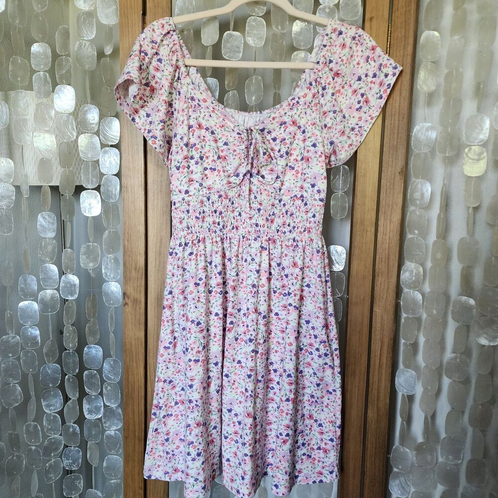 Floral Knit Milkmaid Dress Smocked Pink Cottagecore Puff Sleeve Mini Tie Front